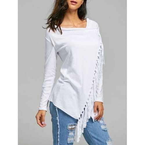 Tassel Asymmetric Long Sleeve Top - White M