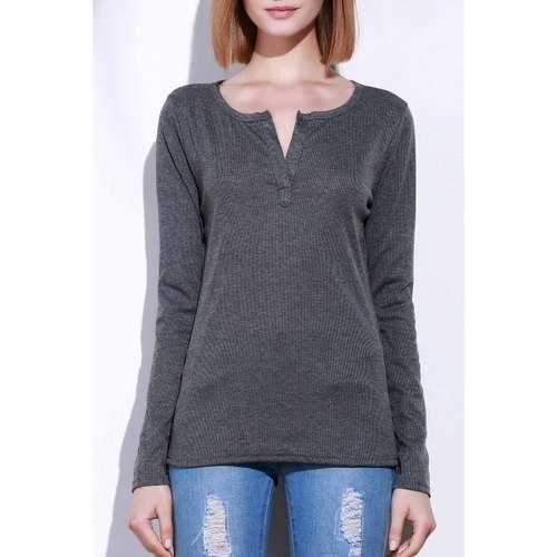 Casual V-Neck Long Sleeve Pure Color T-Shirt For Women - Gray M