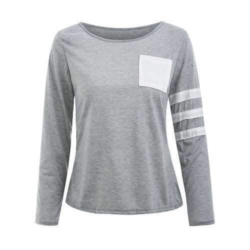 Color Block Striped Sleeve Pocketed T-shirt - Gray S