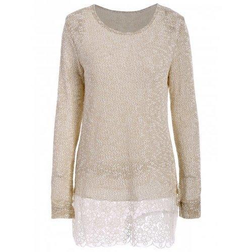 Lace Edge Long Sleeve Long T-Shirt - Light Khaki L