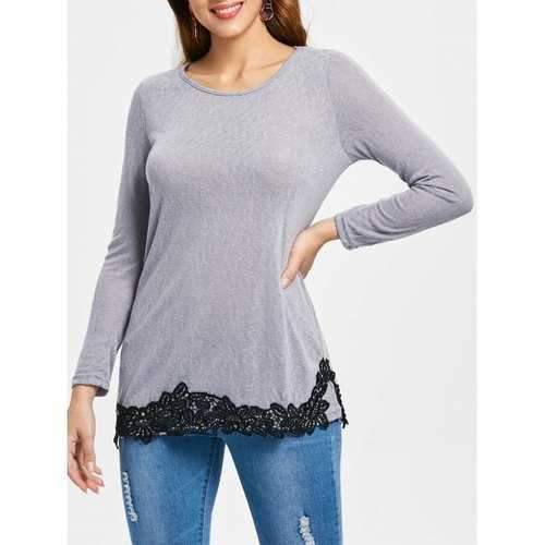 Lace Hem Long Sleeve T-Shirt - Gray S