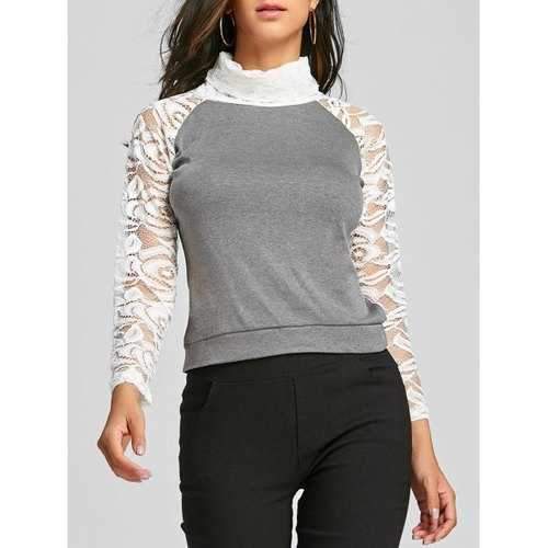 Stylish Turtleneck Long Sleeve Knitting Spliced Women's T-Shirt - Gray L