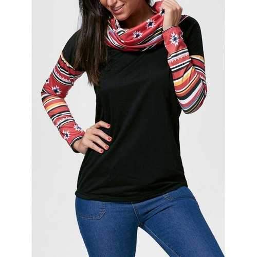 Vintage Cowl Neck Printed Long Sleeve T-Shirt For Women - Black L