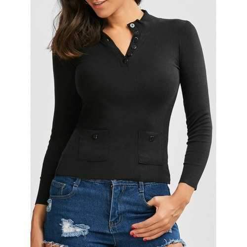 Button Up Ribbed Long Sleeve Fitted T-Shirt - Black M