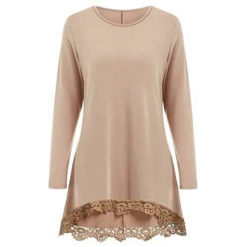 Lace Panel High Low Long Sleeve T-shirt - Khaki M