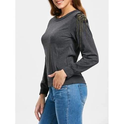 Alluring Women's Long Sleeve Jewel Neck Solid Color T-Shirt - Gray S