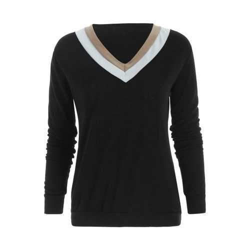 Casual V-Neck Long Sleeve Color Block Women's T-Shirt - Black L