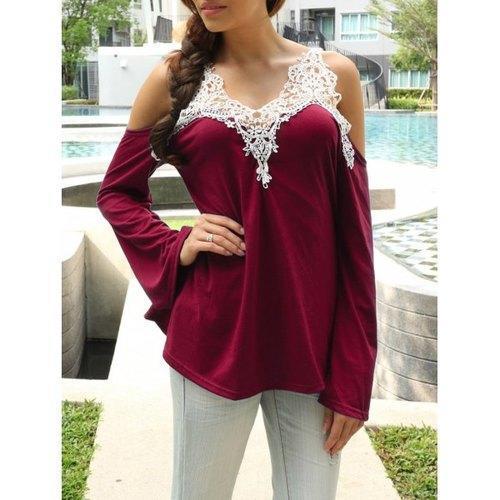 Cold Shoulder Lace Panel Color Block T-Shirt with Long Sleeve - Red M