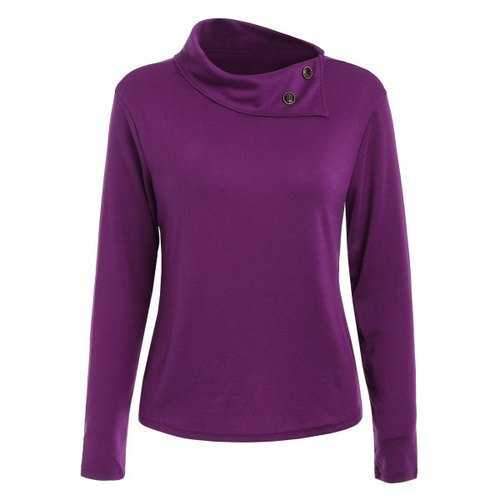 Casual Buttoned Cowl Neck Solid Color Long Sleeve T-Shirt For Women - Purple L