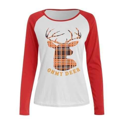 Christmas Slash Neck Long Sleeve Deer Pattern T-Shirt For Women - Red L