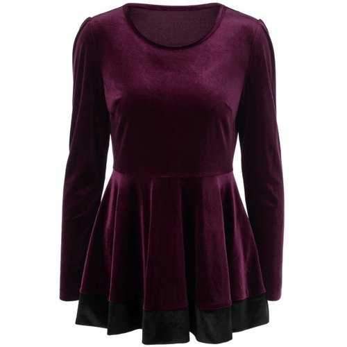 Long Sleeve Pleated Tee - Wine Red L