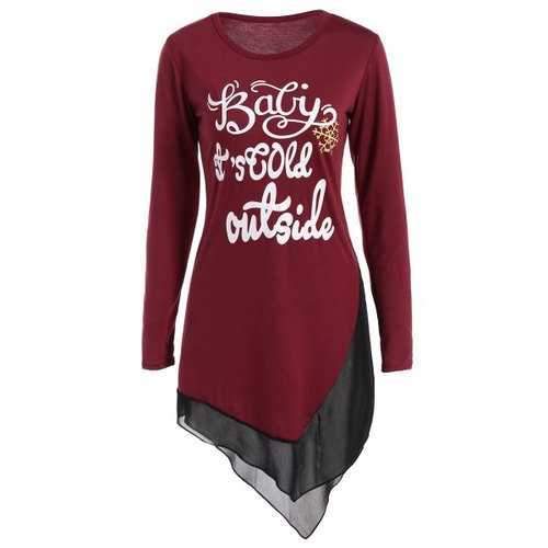 Asymmetrical Graphic Layered Longline Tee - Wine Red Xl