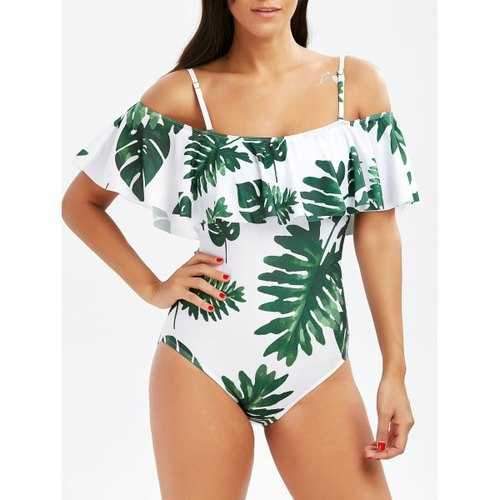 Tropical Off Shoulder Flounce Print Swimsuit - White And Green S