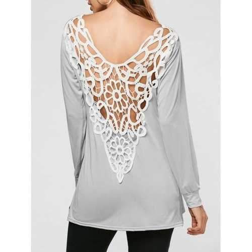 Side Slit Lace Crochet Tunic T-shirt - Gray M