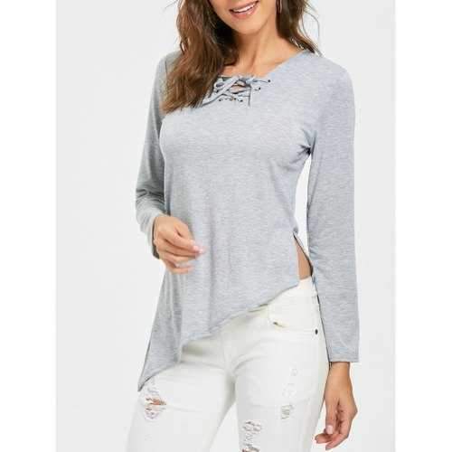 Slit Asymmetrical Lace Up T-shirt - Gray 2xl