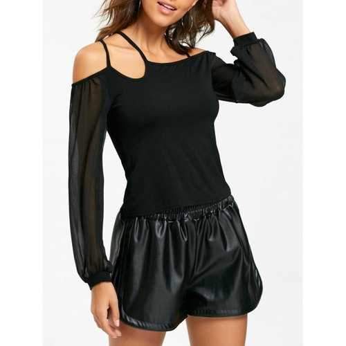 Cold Shoulder Sheer Chiffon Insert Top - Black L