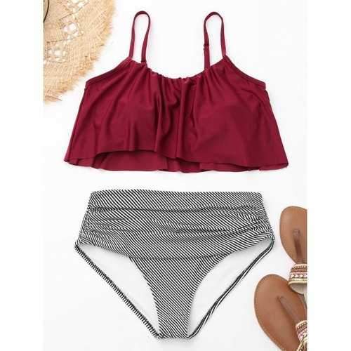 Flounce Spaghetti Strap Striped Bikini Set - Wine Red L