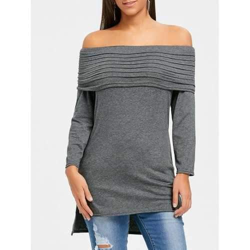 Pleated Off The Shoulder High Low Top - Dark Gray M