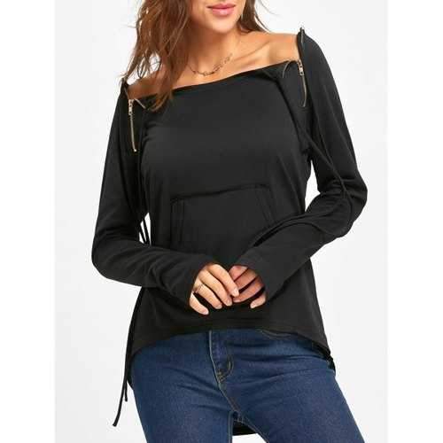 Raglan Sleeve Faux Pocket High Low T-shirt - Black S