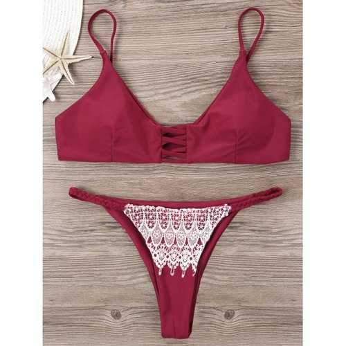 Lace Overlay Spaghetti Strap Lattice Cut Bikini - Wine Red M