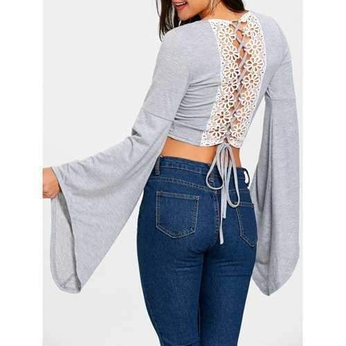 Bell Sleeve Lace Up Crop Top - Gray 2xl