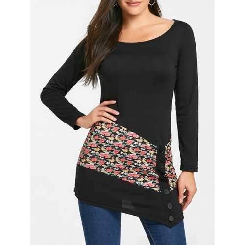 Floral Panel Buttons Scoop Neck Tunic Top - Black L