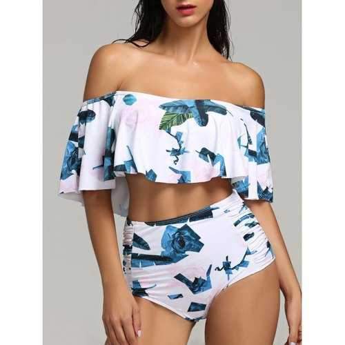 Tropical Leaf Flounce High Waist Bikini - Xl