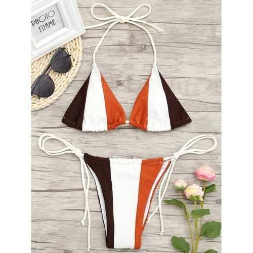 Color Block String Low Waisted Bikini Set - White Xl