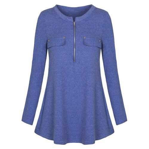 Long Sleeve Zipper Tunic T-shirt - Blue Xl