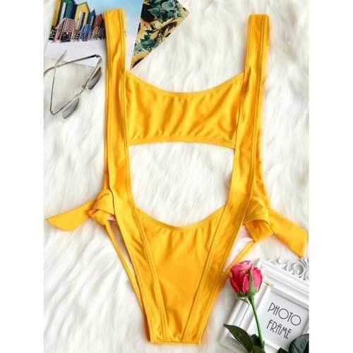 Backless Cut Out Bralette Swimsuit - Yellow L