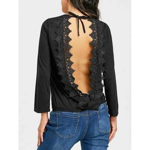 Floral Crochet Cut Out T-shirt - Black M