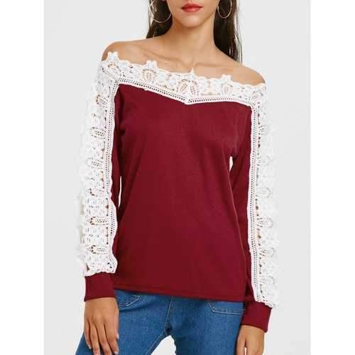 Long Sleeve Openwork Lace Insert T-shirt - Wine Red S