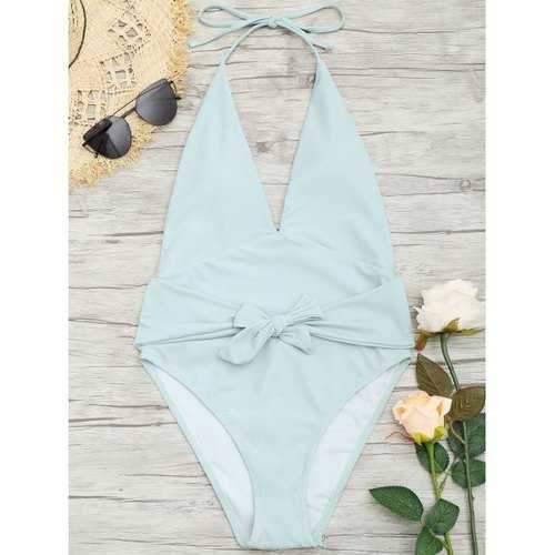 Plunge Front Low Back Tied Swimsuit - Mint M