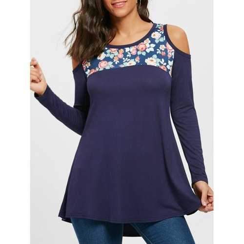 Long Sleeve Floral Print Panel Cold Shoulder T-shirt - Purplish Blue M