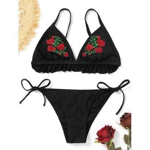 Flower Embroidered Low Waist Bikini Set - Black S