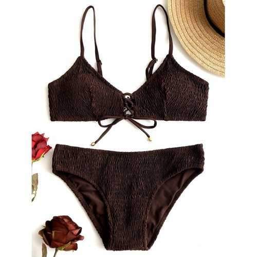 Lace-up Shirred Bikini Set - Deep Brown S