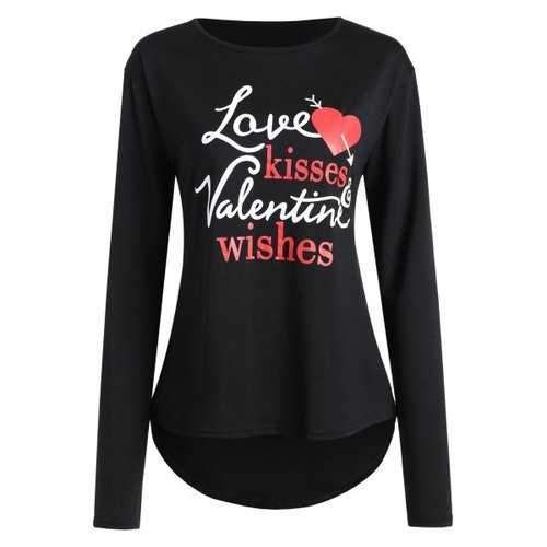 Love Valentine Heart Print High Low T-shirt - Black S