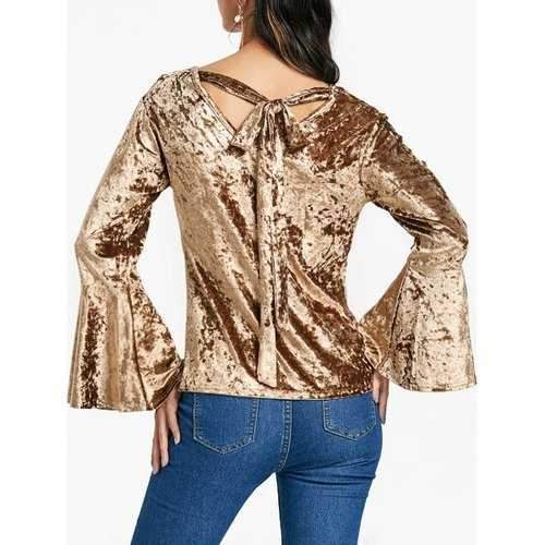 Bell Sleeve Velvet Blouse - Brown 2xl