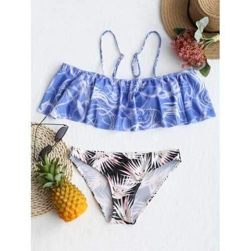 Flounce Low Waist Printed Bikini Set - Light Blue Xl