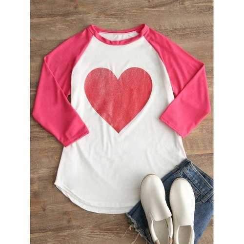 Sequined Heart Print Raglan Sleeve T-shirt - White S