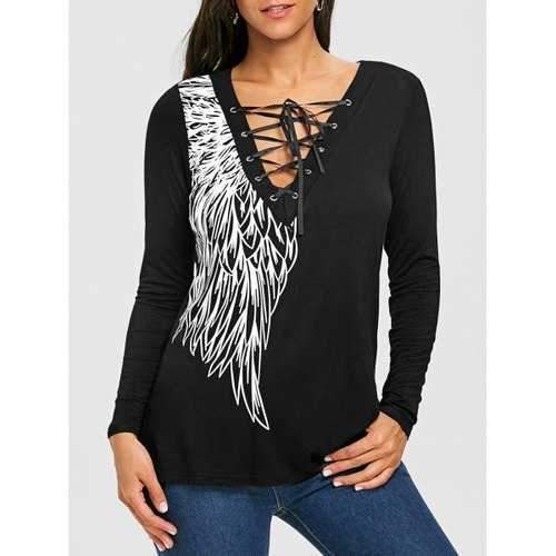 Wing Print Lace Up Long Sleeve Top - Black M