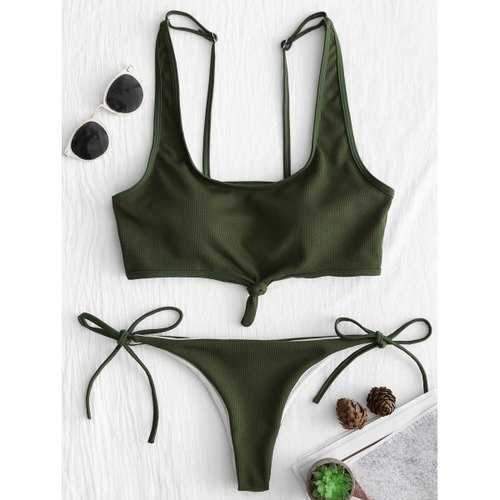 Knot Tied Sides Ribbed Bikini - Green Xl