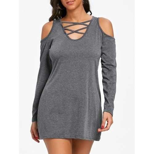 Criss Cross Cold Shoulder Tunic Top - Dark Gray S