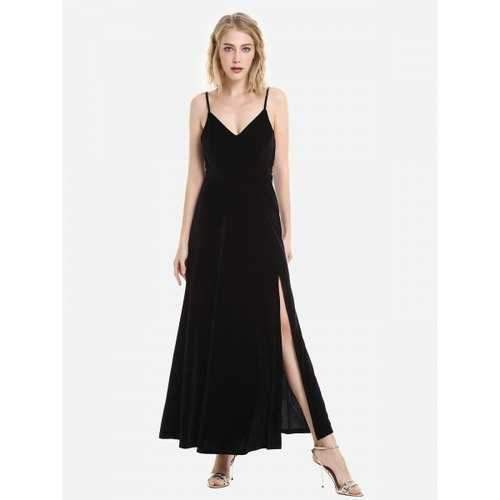 ZAN.STYLE Velvet Adjustable Strip Slip Dress - Black L