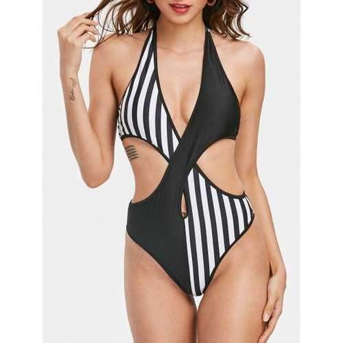 Halter Color Block Monokini Swimwear - Black M