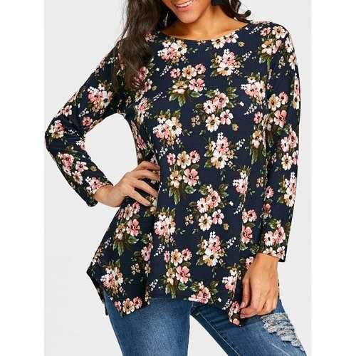 Tiny Floral Printed Asymmetrical T-shirt - Purplish Blue 2xl