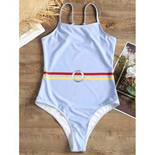 Ring Print One-piece Swimwear - Light Blue Xl