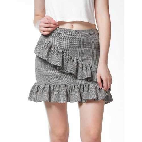 FRENCH BAZAAR Plaid Swing Ruffle Mini Bodycon Skirt - Light Grey M