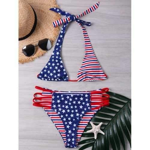 Halter Neck American Flag Bikini Set - L