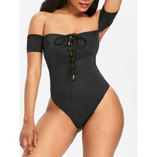 Off Shoulder Lace Up Cut Out One-piece Swimsuit - Black 2xl